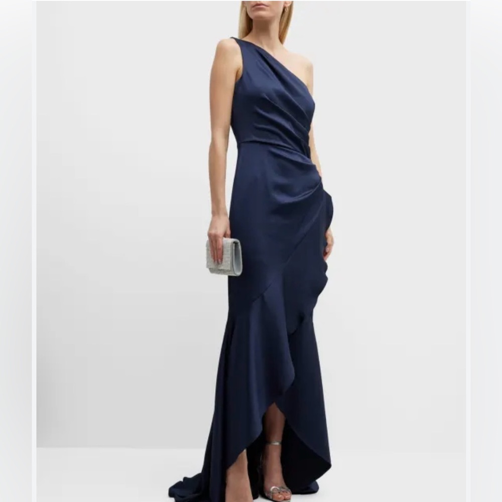 Rickie Freeman For Teri Jon One-Shoulder Pleated Hammered Satin Gown Sz 6 Navy